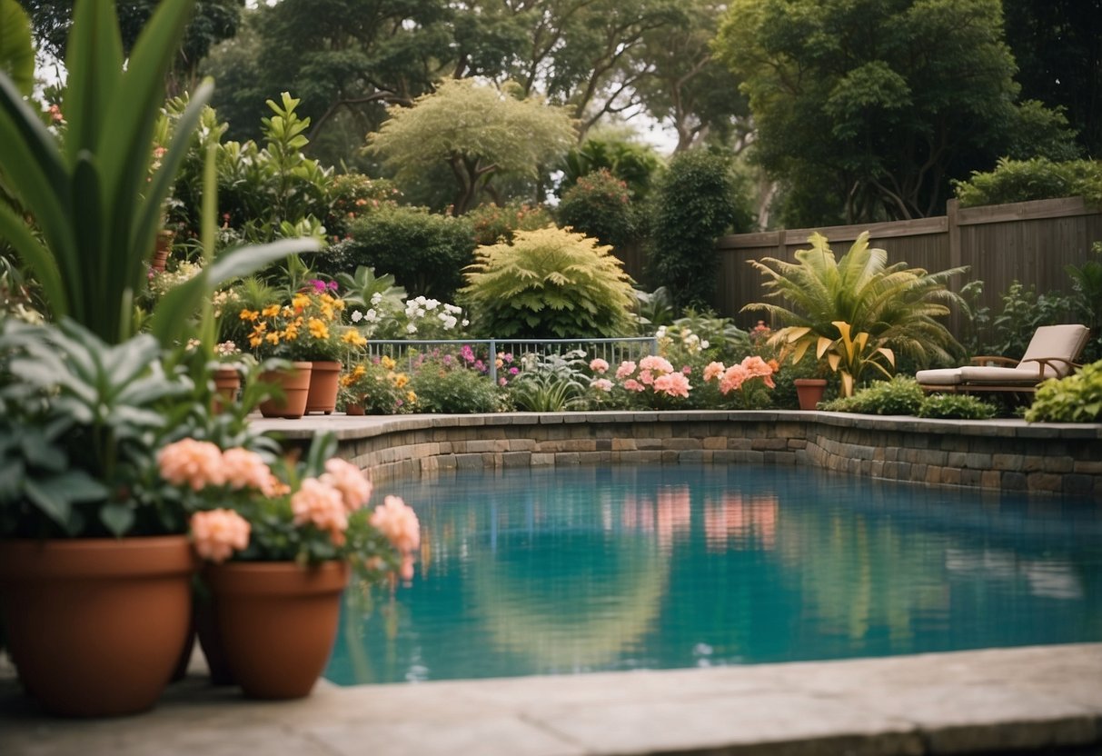 A lush garden surrounds an above ground pool, with colorful flowers, greenery, and a variety of potted plants creating a serene and inviting outdoor oasis