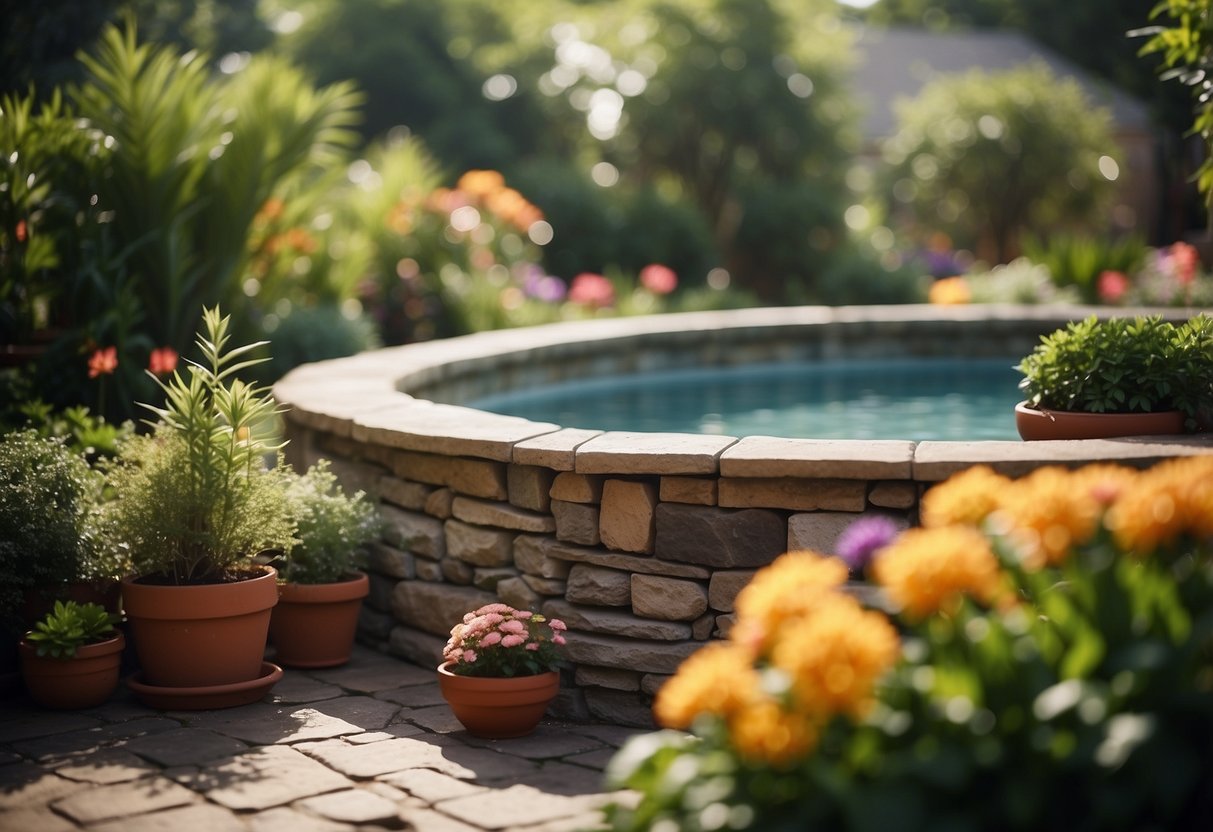 A lush garden surrounds an above ground pool, with potted plants, colorful flowers, and decorative rocks. A small fountain adds a tranquil touch to the serene setting