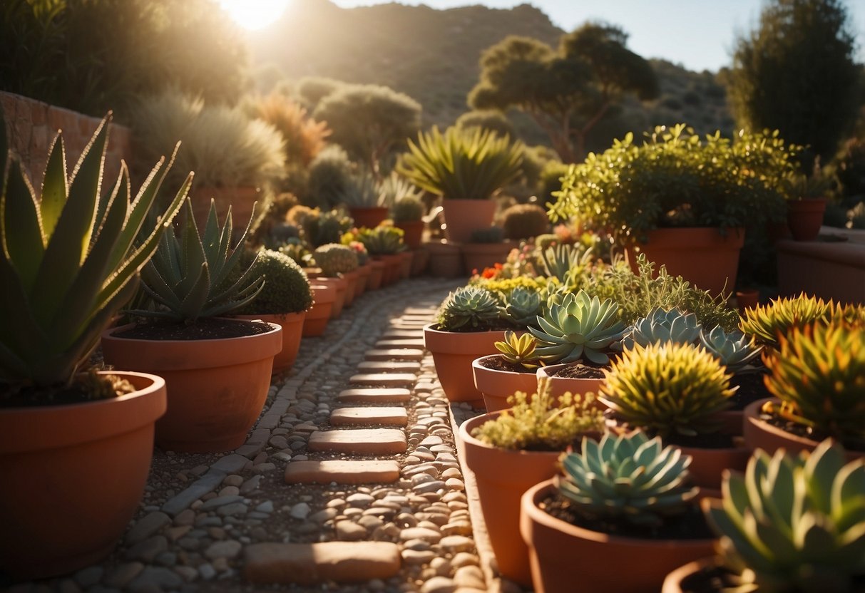 Lush succulent garden with vibrant colors, stone pathways, and terracotta pots. The sun casts a warm glow over the serene Mediterranean landscape