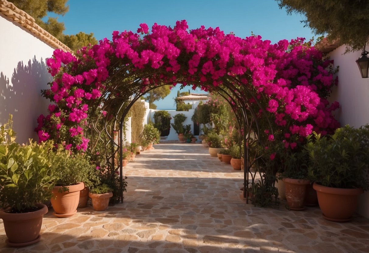 A vibrant bougainvillea trellis arch frames a serene Ibiza garden, creating a picturesque and inviting space