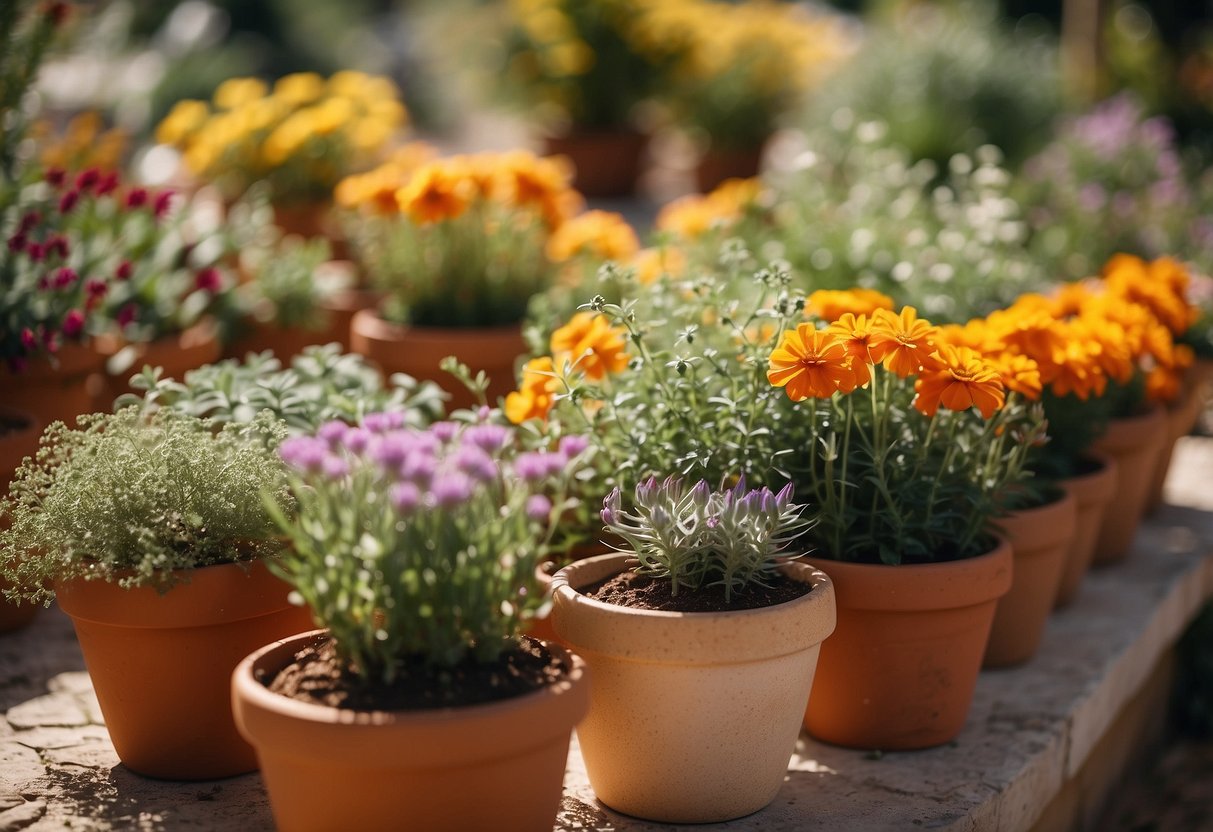 Clustered terracotta pots filled with vibrant flowers and herbs, arranged in a sun-drenched Ibiza garden