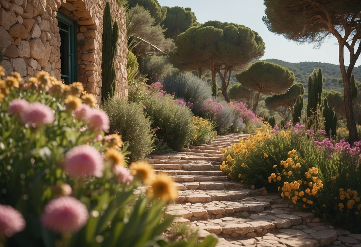 A winding stone pathway cuts through a lush garden in Ibiza, bordered by vibrant flowers and greenery