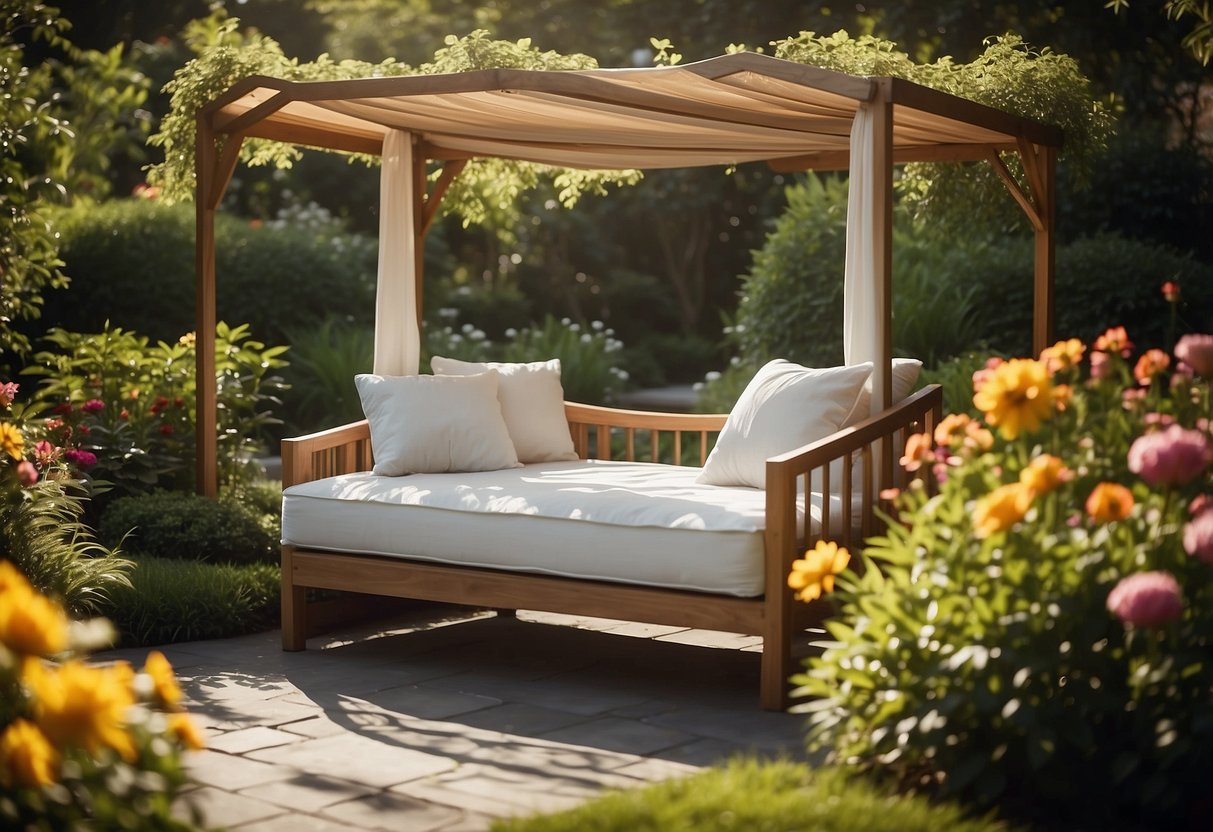 An outdoor daybed with a canopy sits in a lush garden, surrounded by vibrant flowers and greenery, creating a tranquil and inviting space