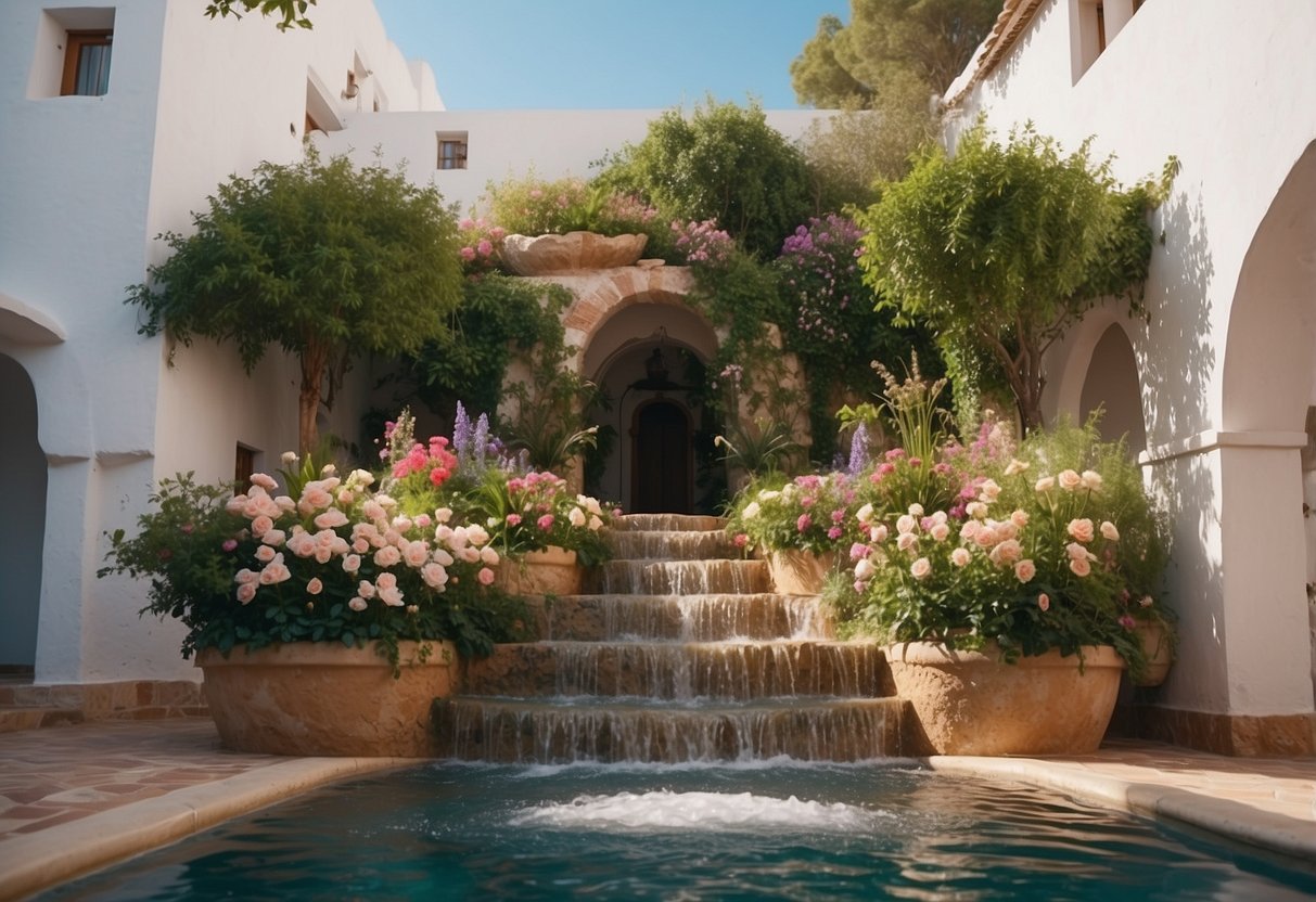 A cascading water feature surrounded by lush greenery and vibrant flowers, with a backdrop of white-washed walls and traditional Ibiza-style architecture