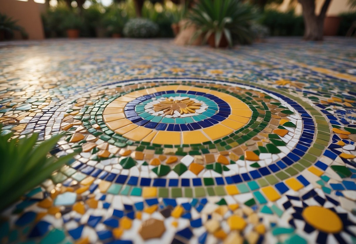 Vibrant mosaic tiles adorn a lush Ibiza garden, adding bursts of color and intricate patterns to the serene outdoor space