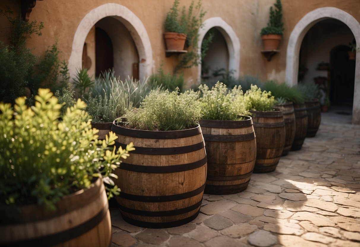 Lush herb garden spills from weathered barrels, nestled in a sunny Ibiza courtyard