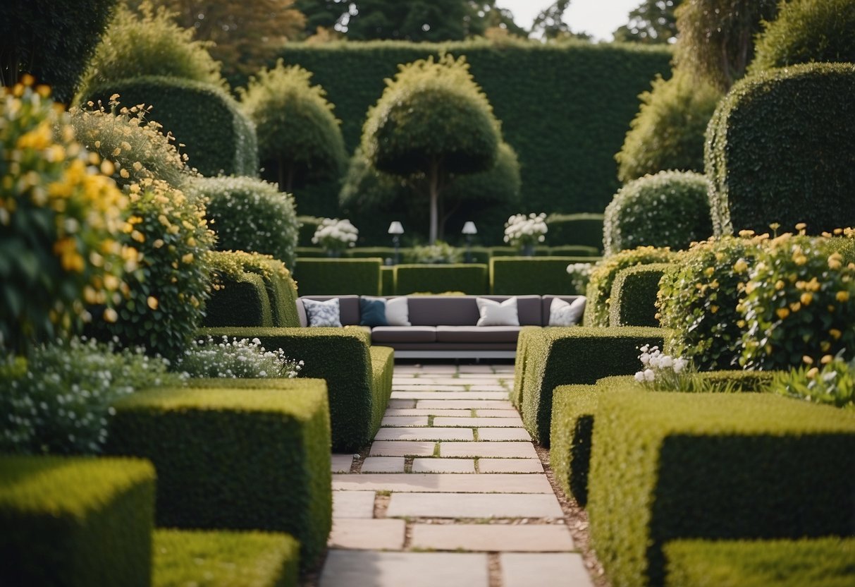 A lush garden with geometric pathways, vibrant flowers, and modern seating areas surrounded by tall hedges and sleek architectural features