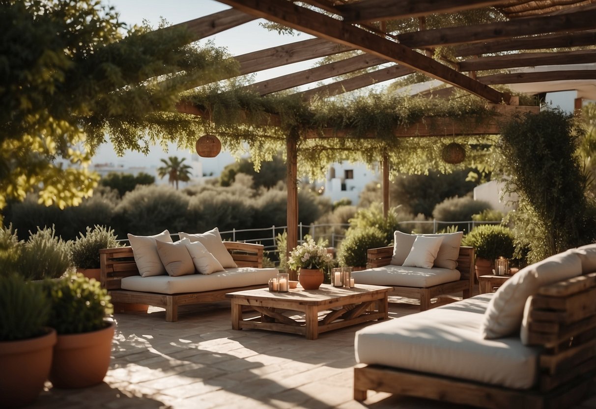 A cozy outdoor living space in Ibiza, with comfortable seating, lush greenery, and a stylish pergola for shade