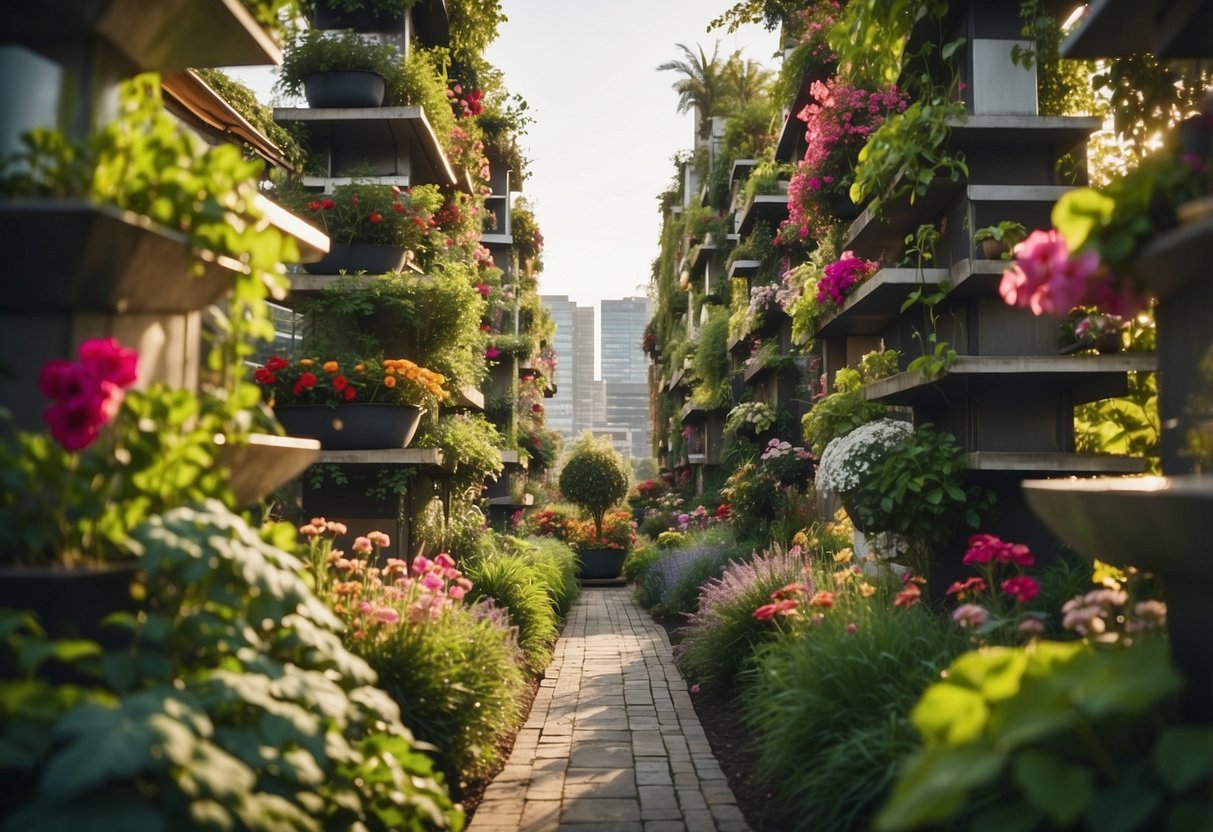 A tall, sprawling garden with multiple vertical gardening towers, filled with lush greenery and colorful flowers, creating a vibrant and dynamic landscape