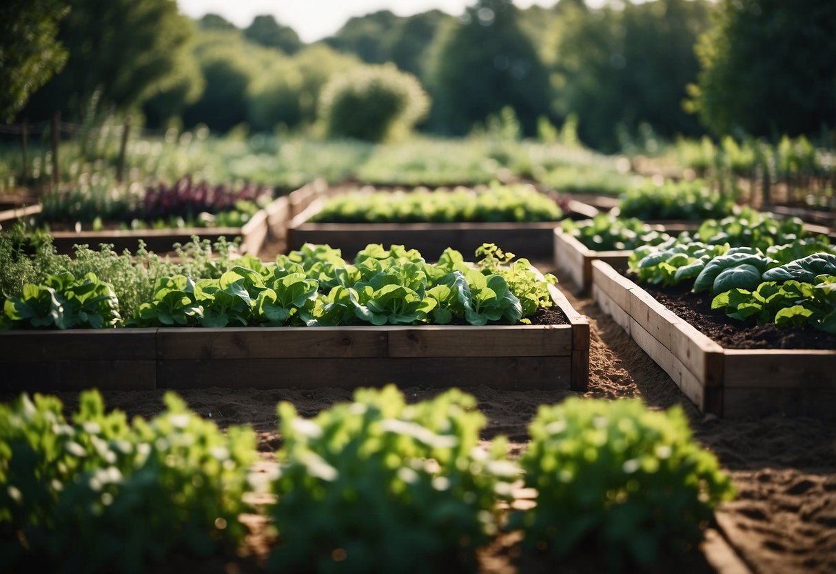 Lush green garden with neatly arranged raised vegetable beds, surrounded by a large expanse of land