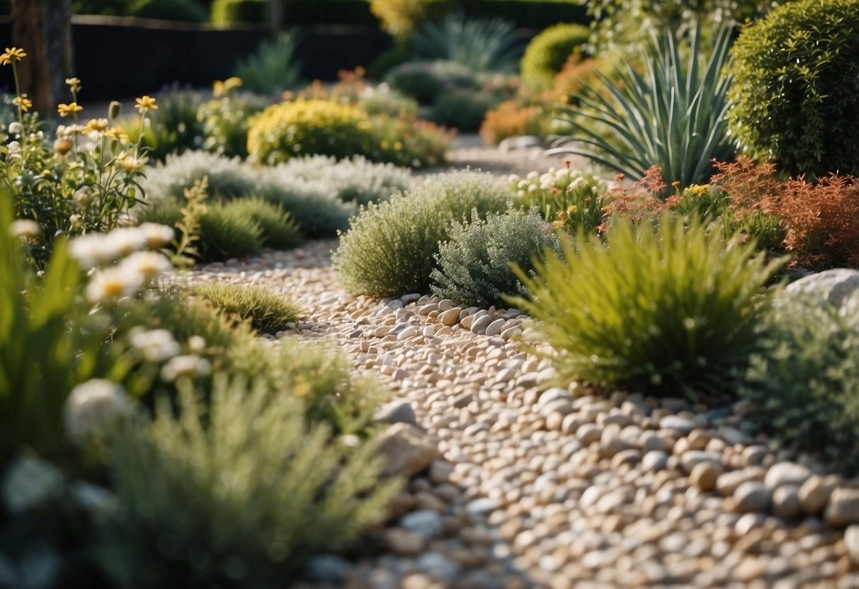 A large gravel garden with minimal maintenance, featuring a variety of plants and decorative rocks arranged in a natural and aesthetically pleasing manner