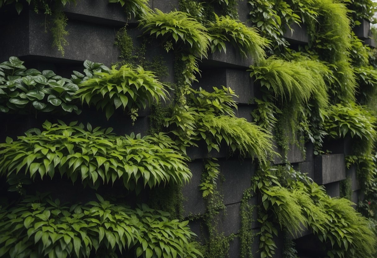 A vertical garden with lush green plants growing from asphalt walls