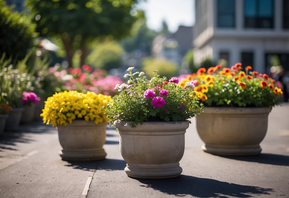 Vibrant planters line the asphalt garden, bursting with a variety of colorful blooms and foliage