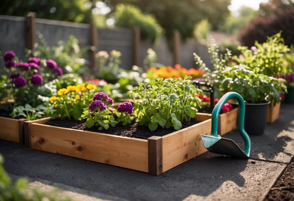 Three raised garden beds sit atop asphalt, filled with vibrant flowers and vegetables, surrounded by neatly arranged gardening tools and a watering can