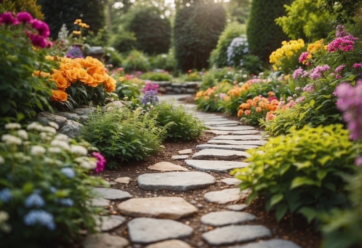 A stone pathway winds through a lush garden, surrounded by vibrant flowers and greenery. The natural, rustic look of the stones adds a charming touch to the outdoor space