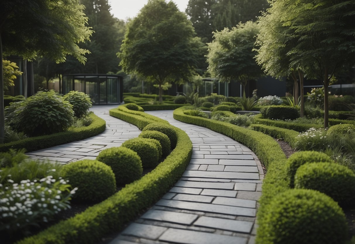 A sleek, minimalist garden with a contemporary asphalt pathway winding through modern water features, surrounded by lush greenery and clean lines