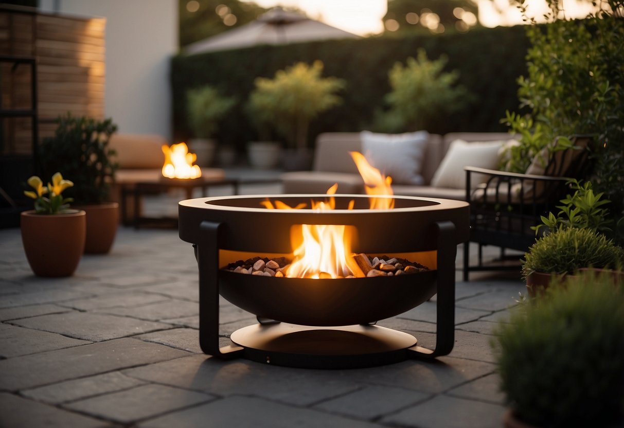 A group of portable fire pits are arranged on a paved garden area, surrounded by potted plants and outdoor furniture. The warm glow of the fires creates a cozy and inviting atmosphere