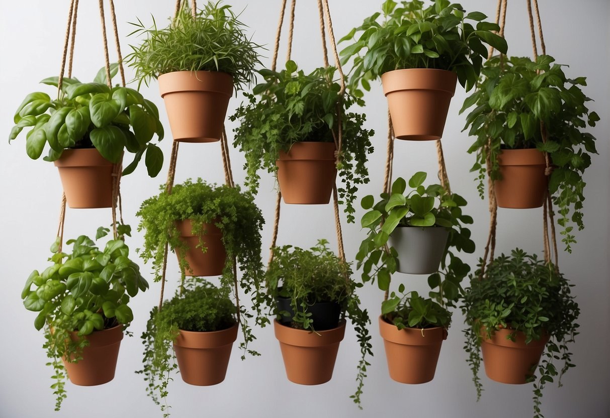 A series of hanging herb gardens, suspended from a wooden frame, with lush green plants cascading down from terracotta pots