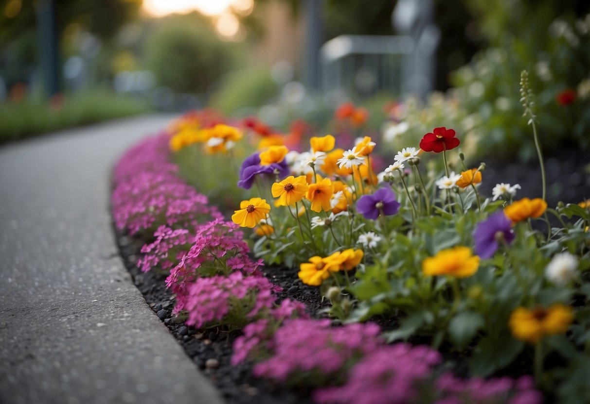 A garden path lined with colorful edible flowers borders the asphalt, creating a beautiful and unique garden idea