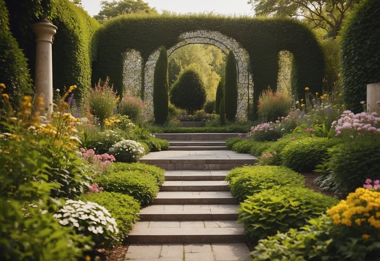 A garden with stenciled concrete designs, featuring geometric patterns and floral motifs, surrounded by lush greenery and colorful flowers