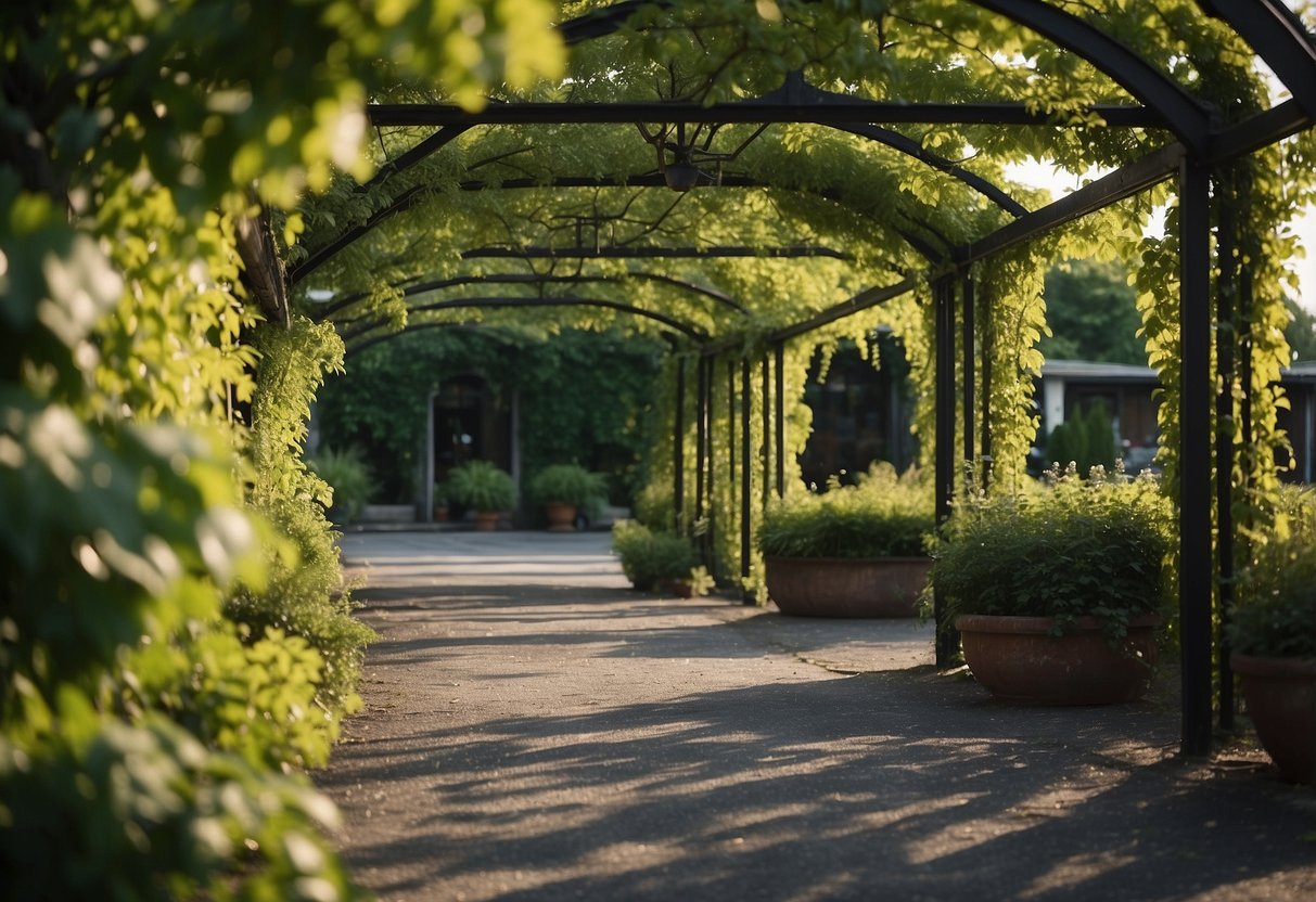 A pergola covered in lush vines stands in the center of a well-maintained asphalt garden, creating a serene and inviting atmosphere