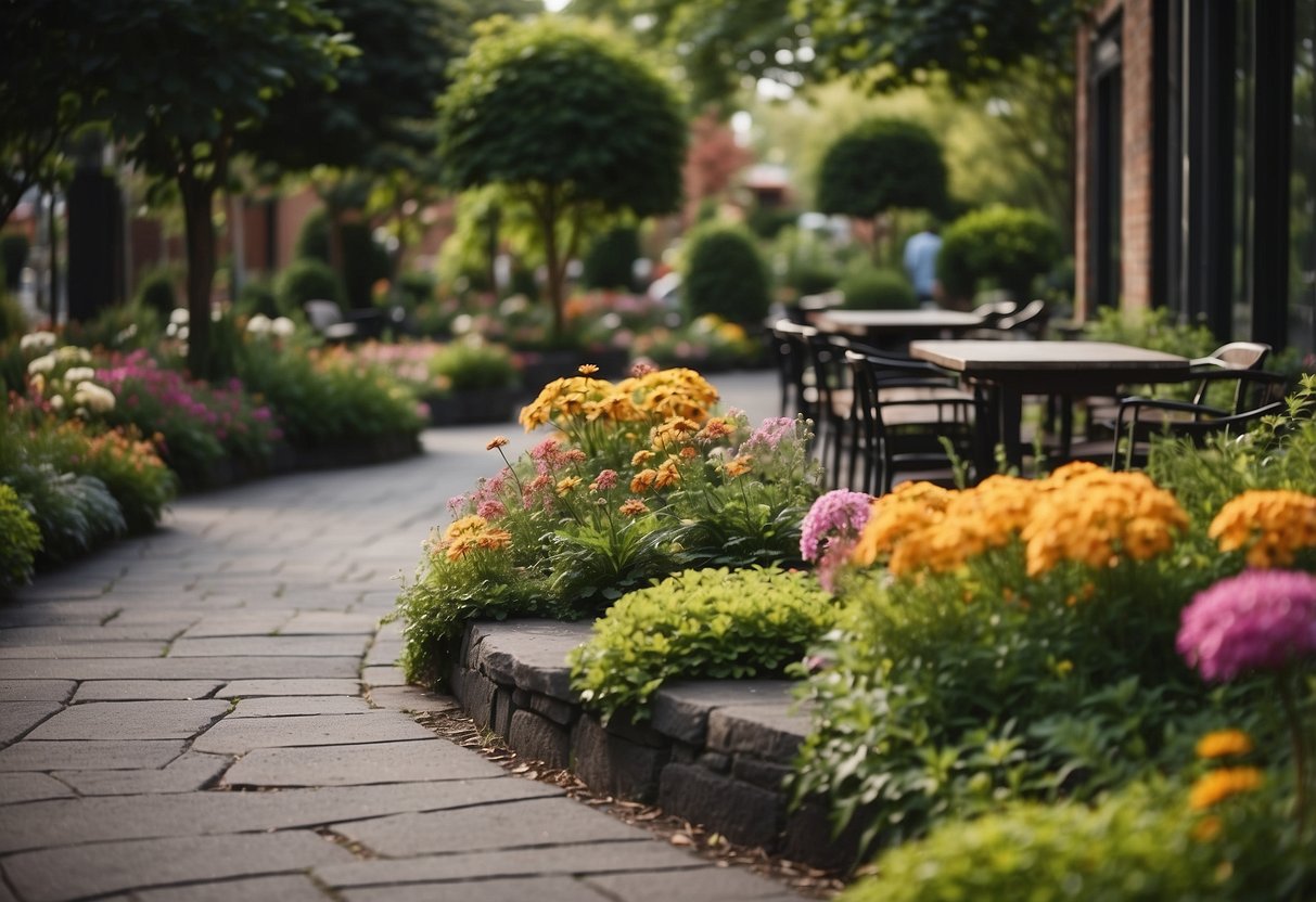 A lush, vibrant asphalt garden with colorful flowers and greenery, surrounded by seating areas and pathways, creating a peaceful and inviting outdoor space