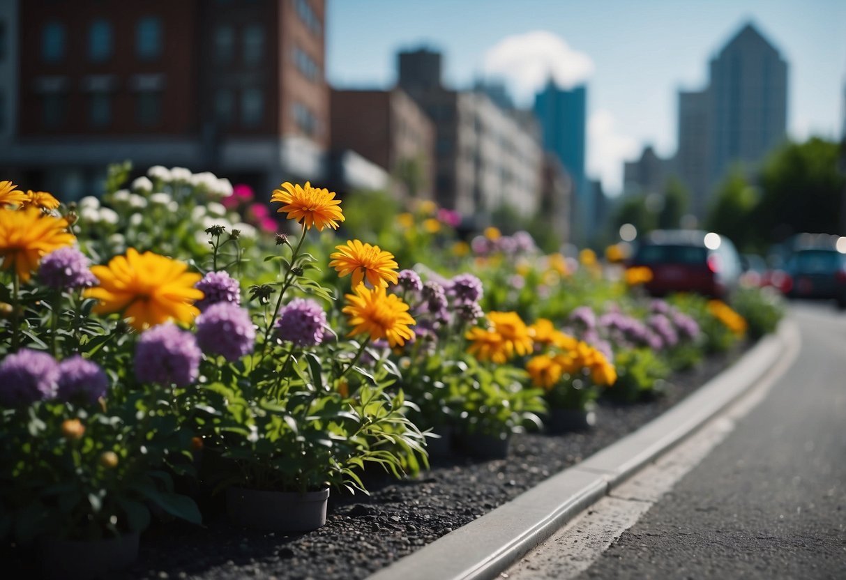 A vibrant asphalt garden with colorful flowers and plants, surrounded by urban buildings and bustling city streets