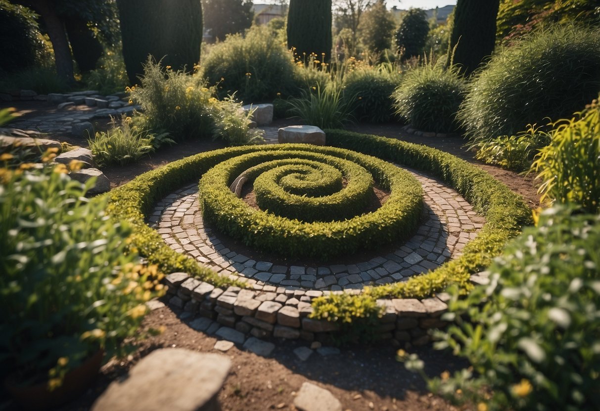 A winding herb spiral with no flowers, surrounded by mulch and small stones in a garden