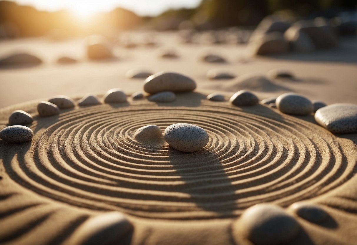 A serene Zen sand garden with raked patterns, rocks, and a simple bridge over the sand. No flowers, minimalistic design