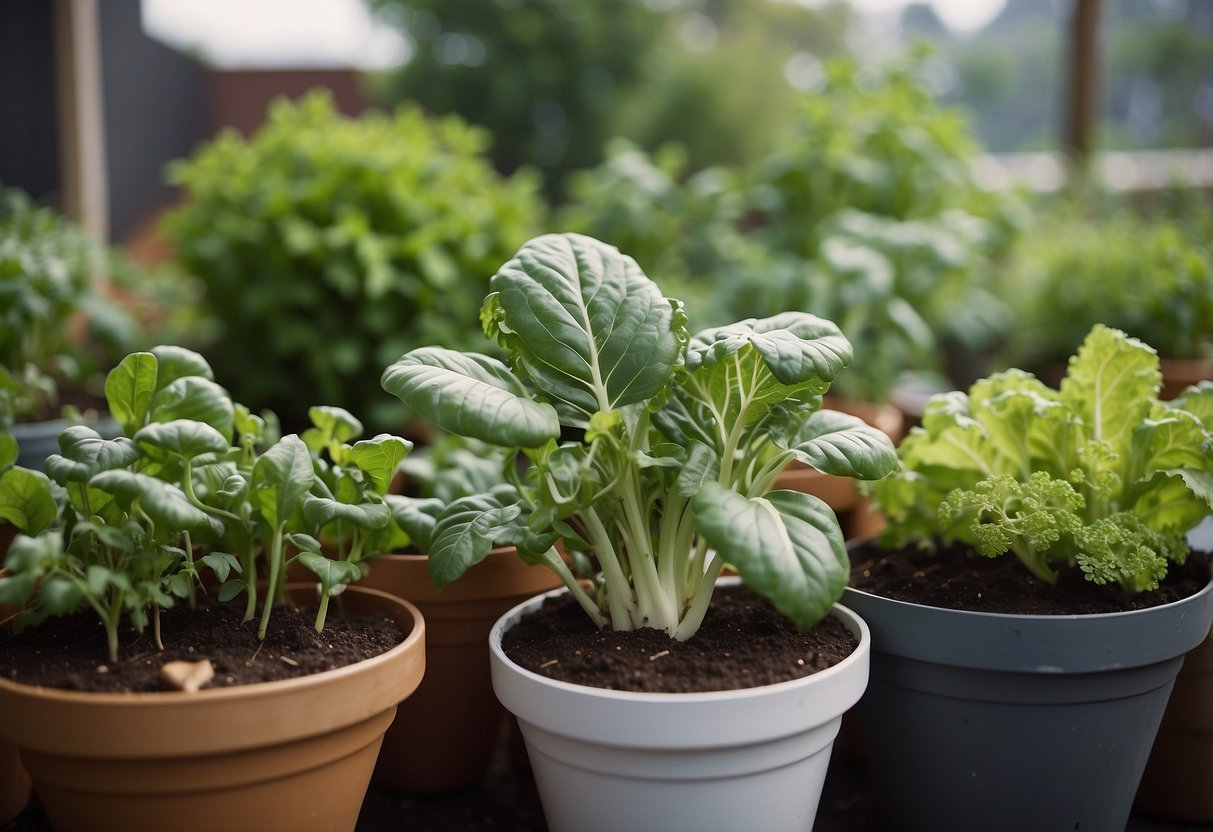 A variety of vegetables grow in containers, arranged in a small garden space without flowers