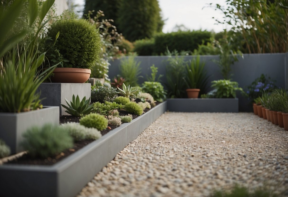 A gravel patio garden with no flowers, featuring minimalistic design and various green plants in pots