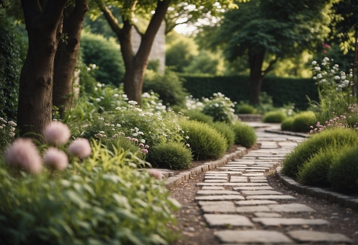 A stone pathway winds through a garden, devoid of flowers. The path is surrounded by greenery and trees, creating a peaceful and serene atmosphere