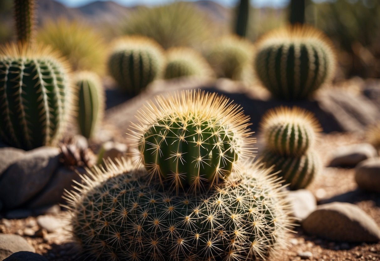 A group of cacti arranged in a desert garden, with no flowers present