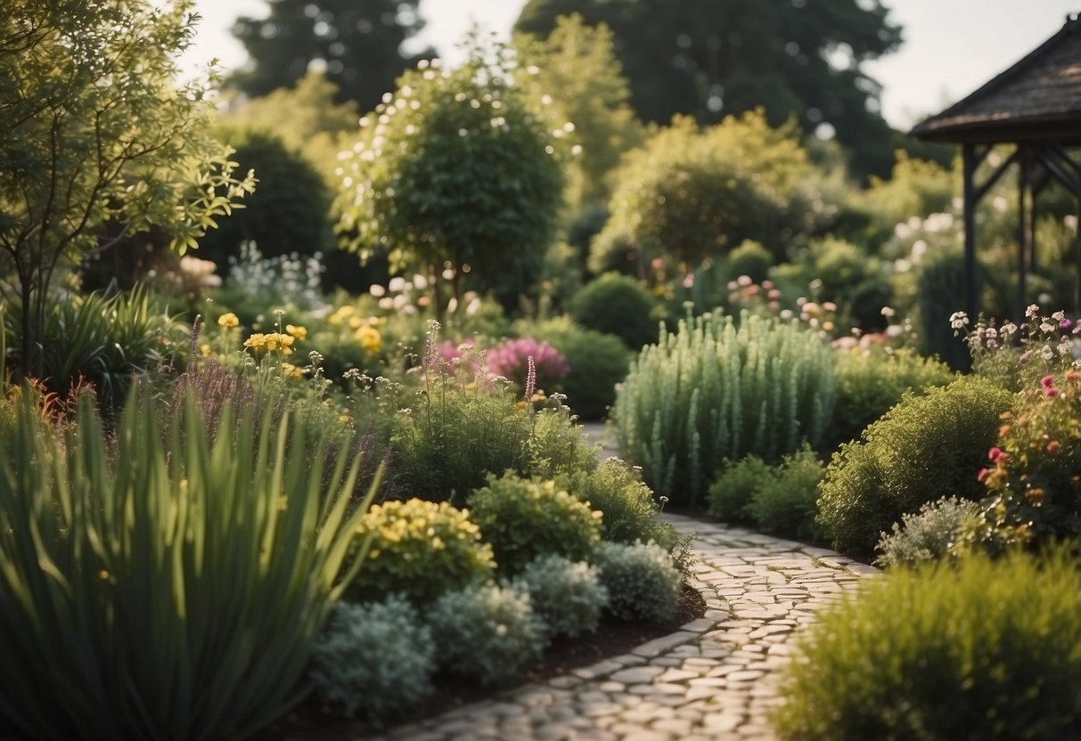 A garden with no flowers, featuring a variety of non-floral plants and greenery, with a focus on textures, shapes, and colors