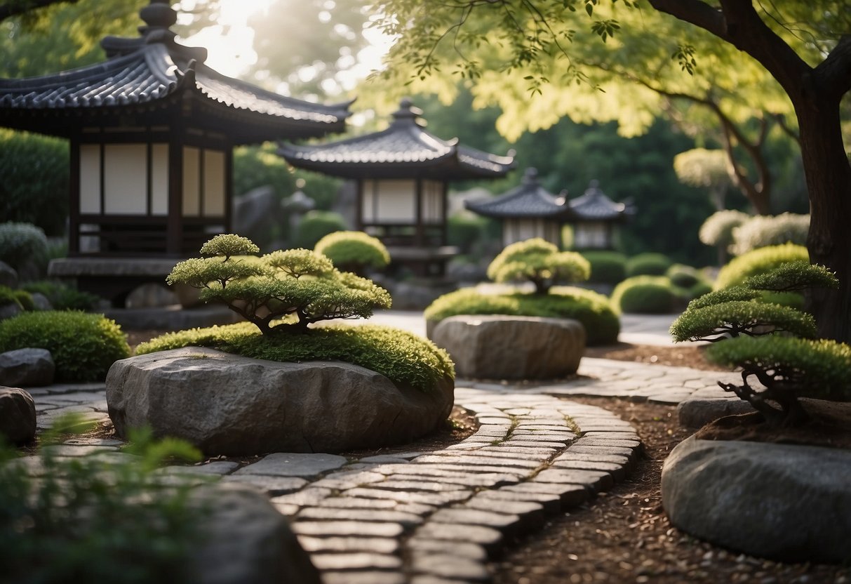 A serene Zen meditation garden with raked gravel paths, stone lanterns, a tranquil pond, and carefully pruned trees and shrubs