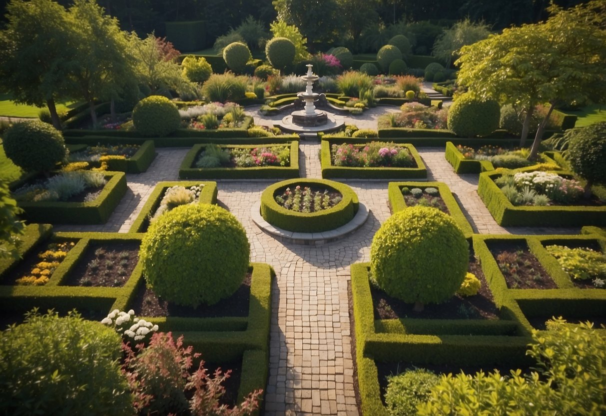 Aerial view of a large garden layout with defined pathways, varied plantings, and focal points, following principles of balance, rhythm, and harmony