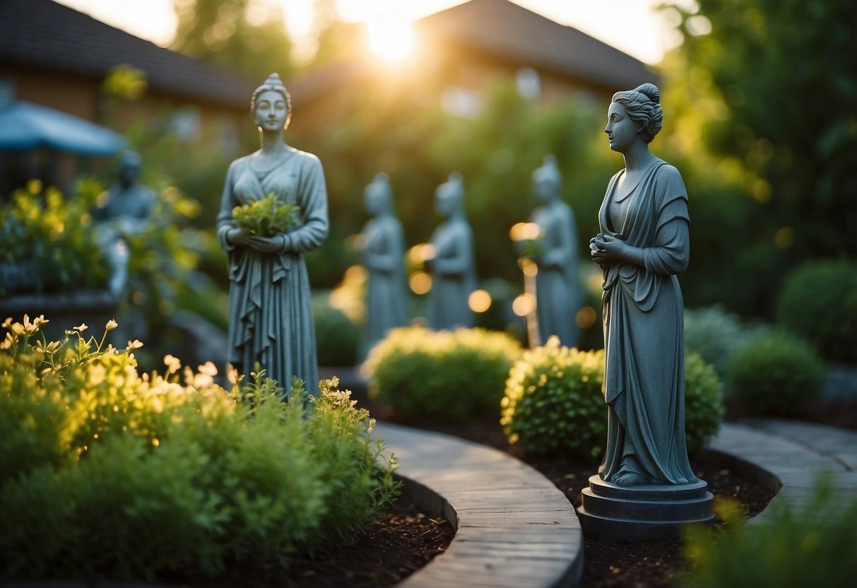 A lush garden with solar-powered statues glowing softly in the evening light, casting a warm and inviting ambiance