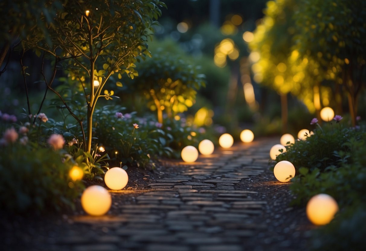 The garden pathway is lined with solar-powered glowing orbs, casting a soft and warm light along the walkway. The orbs are strategically placed to create a magical and enchanting atmosphere