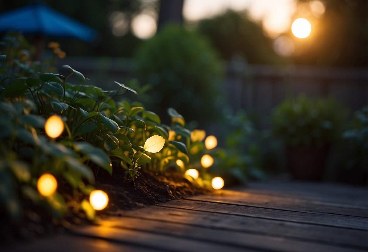 Soft, warm glow from solar deck lights illuminates a lush garden at dusk. Shadows dance among plants, creating a tranquil and inviting ambiance