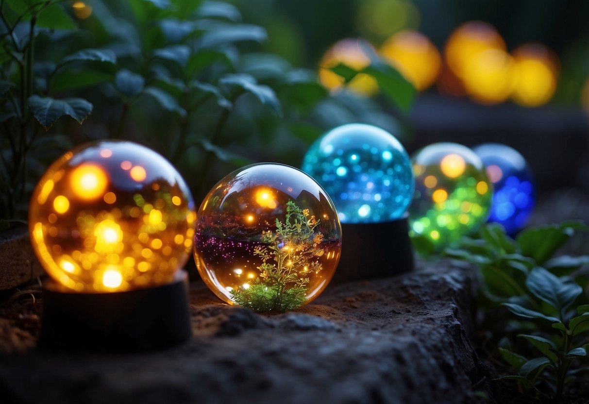 Vibrant garden spheres glow in changing colors under solar lights