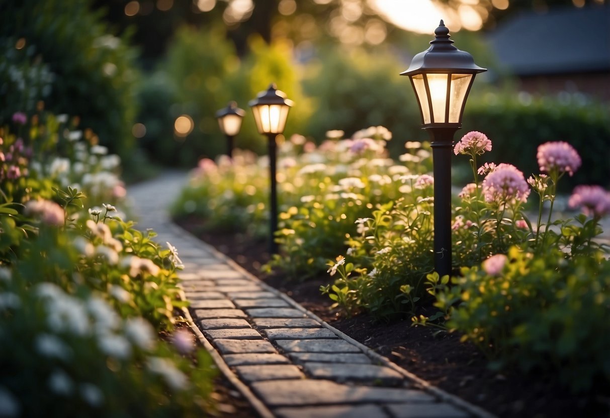 A garden with solar wall mount lights illuminating the pathway and highlighting the surrounding plants and flowers