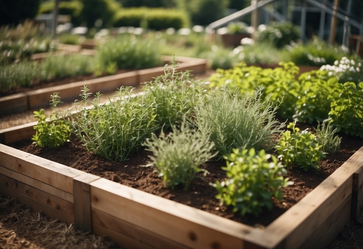 A square garden with raised beds and herb borders