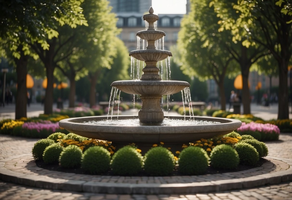 The central water fountain is surrounded by symmetrical flower beds and paved pathways, with benches and decorative lighting