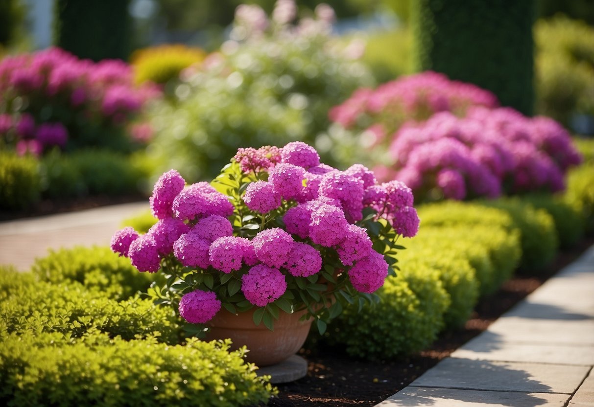 Colorful flowering shrubs line the corners of a square garden layout, creating a vibrant and inviting space