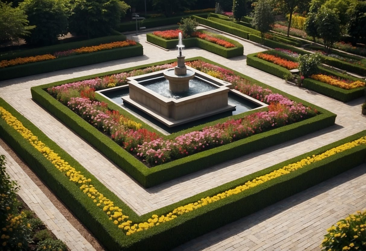 A square garden with central seating, surrounded by lush greenery and colorful flowers. A fountain or sculpture could be the focal point, with pathways leading to the seating area