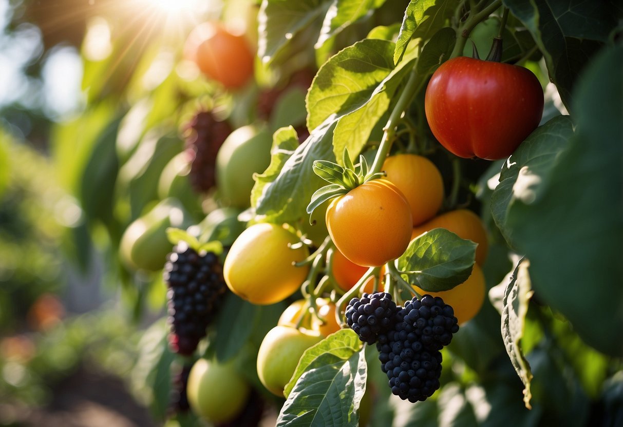 A lush, vibrant agriculture garden bursting with a variety of fruits, vegetables, and herbs. Sunlight filters through the leaves, highlighting the abundance of fresh produce and the benefits of sustainable gardening practices