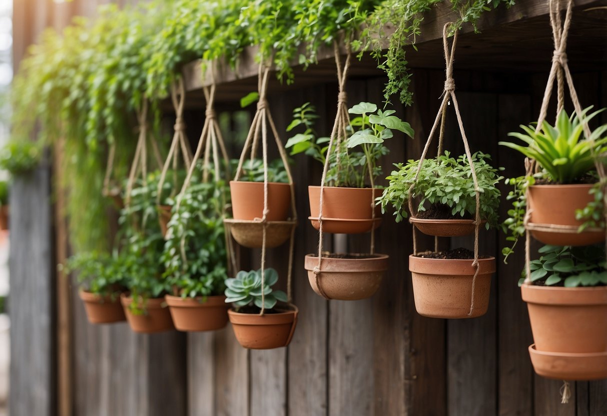 A wooden beam holds a row of hanging pots, each filled with vibrant green plants. The pots are rustic and weathered, adding a charming touch to the little garden