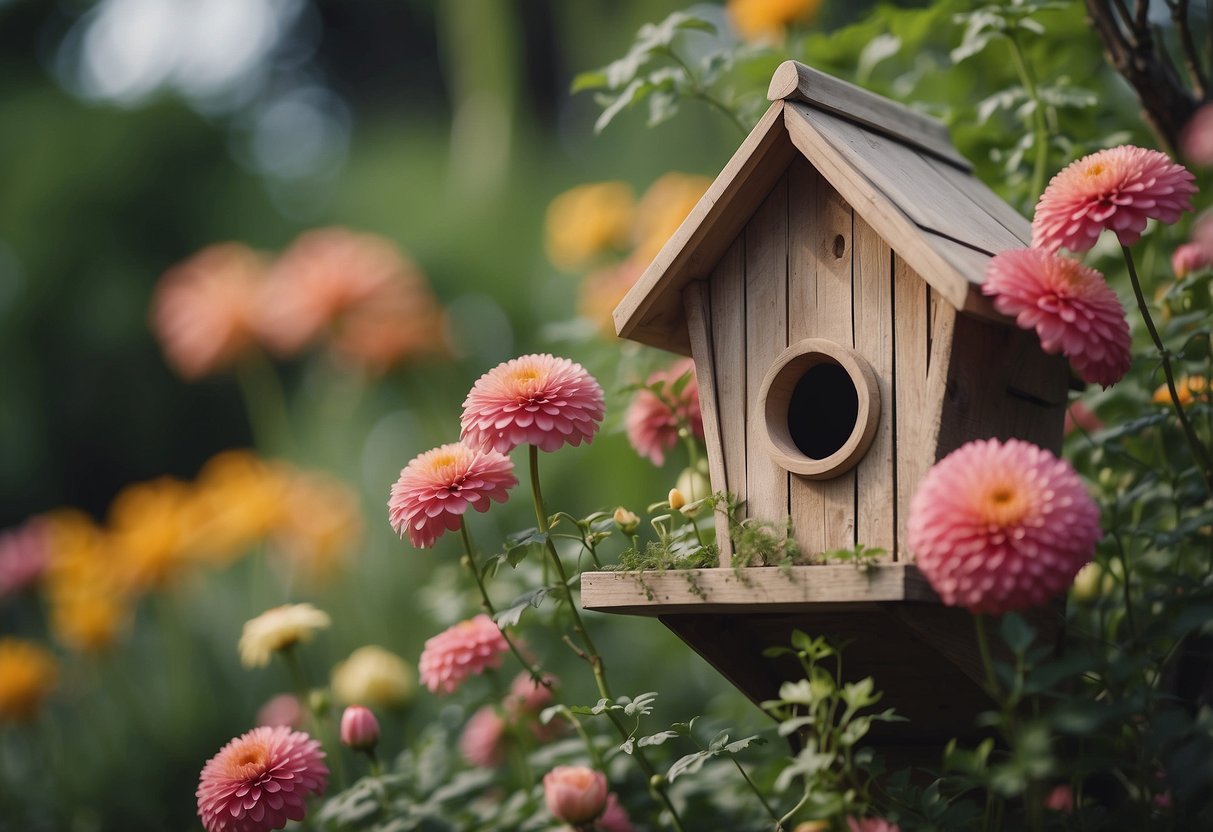 A quaint birdhouse nestled in a lush garden, surrounded by colorful flowers and fluttering birds