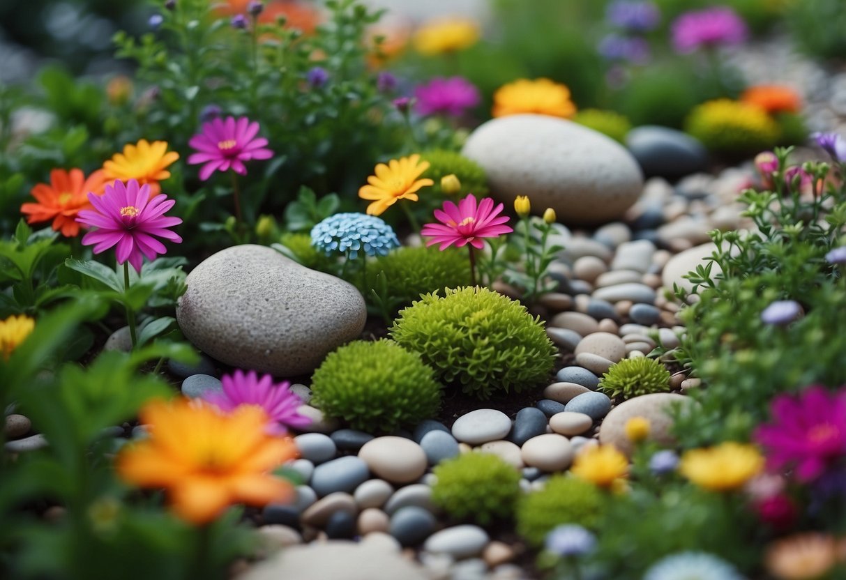 A small garden with colorful pebble art arranged in patterns and designs, surrounded by vibrant green plants and blooming flowers