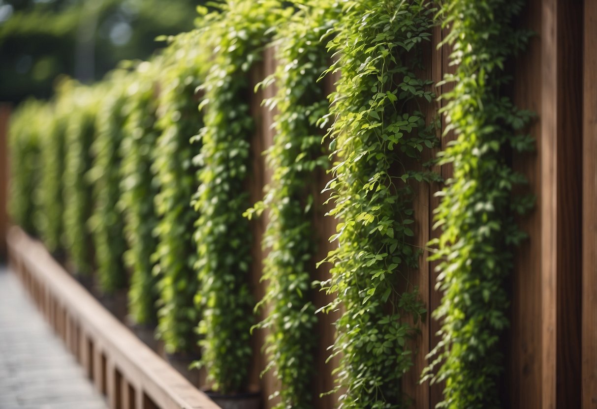 Lush green plants cascade down wooden trellis planters in a vertical garden display